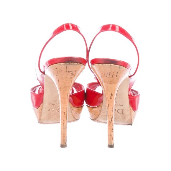 Chistian Dior Red Patent Leather Cork Stacked Heel Designer Slingbacks Sandals 8 - Picture 2 of 9